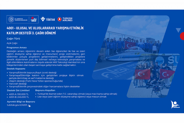TÜBİTAK 4001 Yarışma/Etkinlik Katılım Desteği 3. Çağrı Dönemi Başvuruları Devam Ediyor